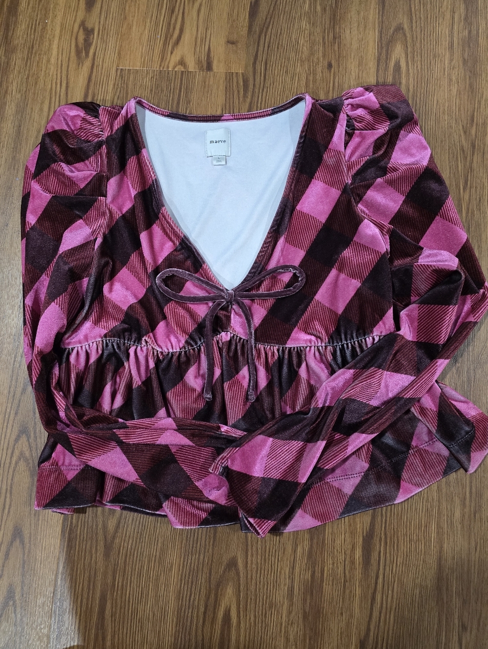 Maeve Anthropologie Plaid Velvet Long Sleeve Tie Front Peplum Top Sz L